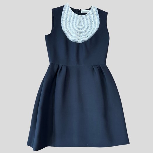 Dior Black Tulle Dress in black silk with V-neck and long lace bib